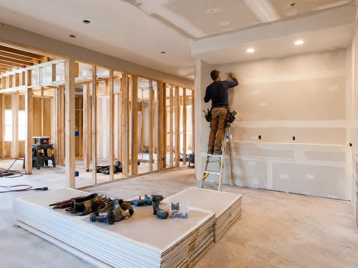 Interior construction and drywall build-out in progress on a St. Louis property