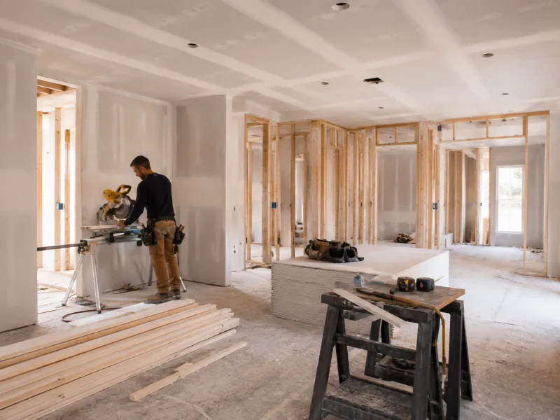 Contractor cutting lumber with a miter saw on a construction job site