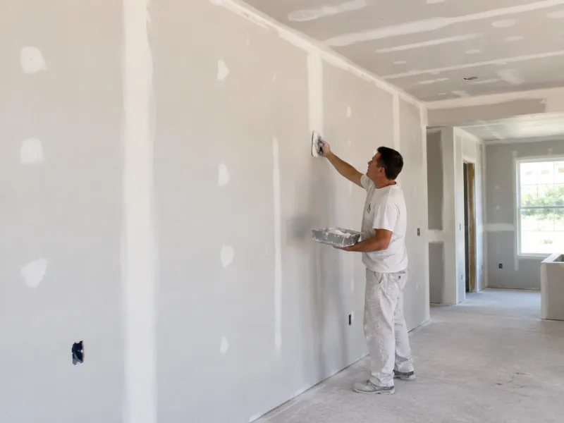 Worker taping and finishing drywall seams