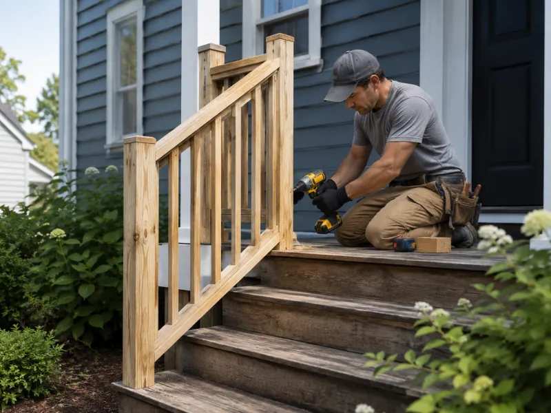 Contractor installing a wooden porch railing on a home's front steps
