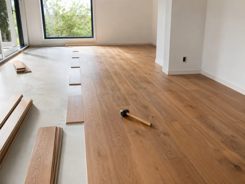 New hardwood-style flooring being installed in a room
