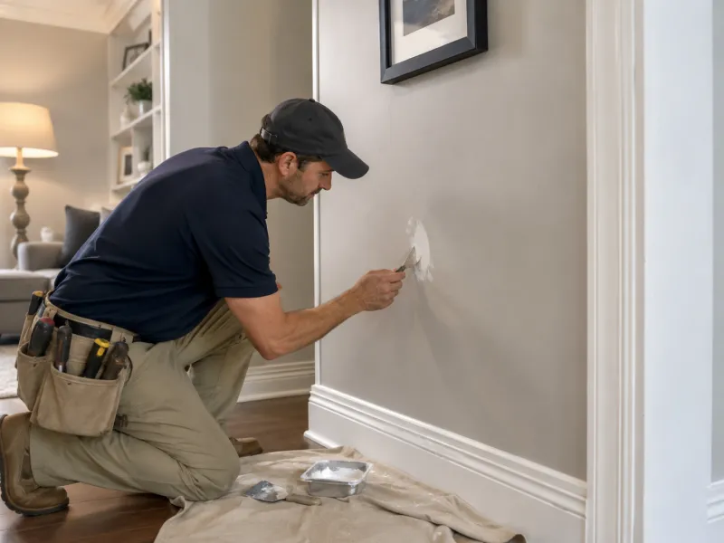 Contractor patching an interior wall inside a home