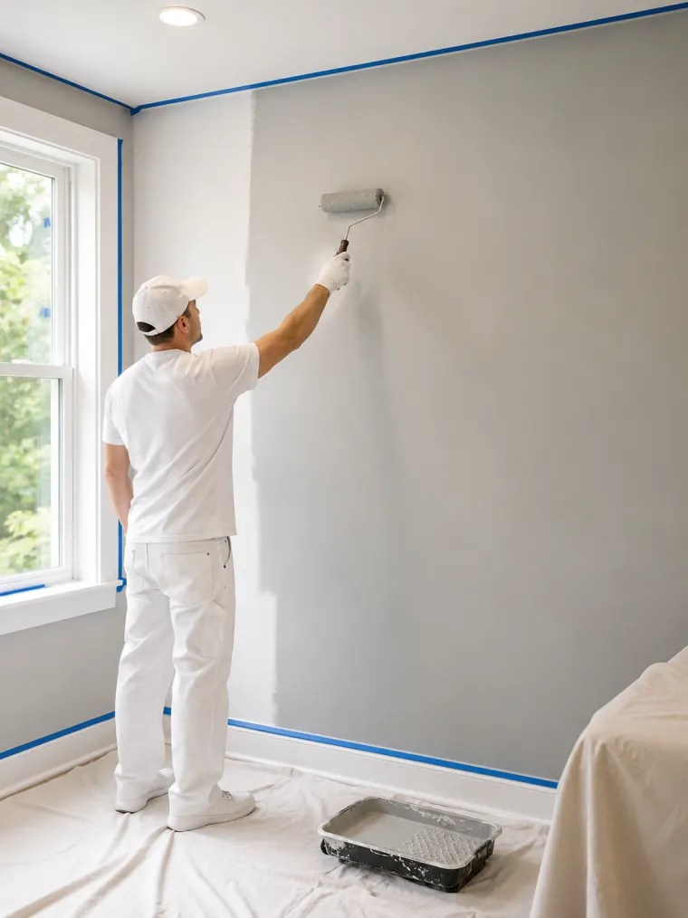 Painter rolling fresh paint onto an interior wall