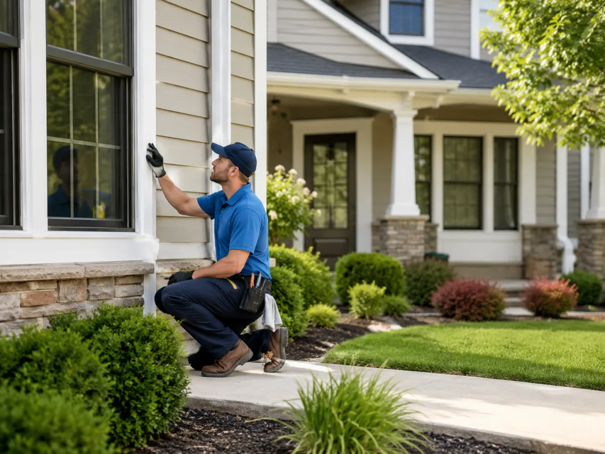 G&B Property Upkeep contractor inspecting the exterior of a St. Louis home during a property maintenance visit